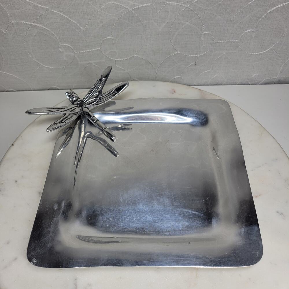 Vintage IHI India Dragonfly Plate 8.5" Silver Aluminum Square Metal Serving Tray